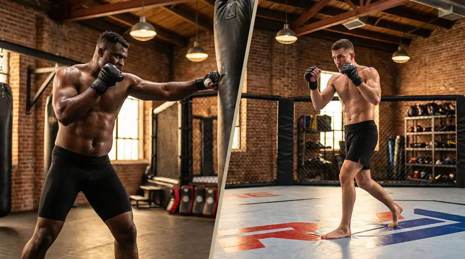 Zwei MMA-Kämpfer unterschiedlicher Gewichtsklassen im Training als Sinnbild für Finish-Rate-Unterschiede
